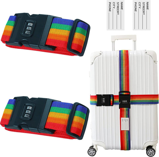 Koycbiao Luggage Strap, Heavy Duty Adjustable Suitcase Travel Belts Carry Bag for Connecting Your Luggage, Non Slip Travel Luggage Straps with Suitcase Tags for Trip, Outdoor Activities 2 Packs