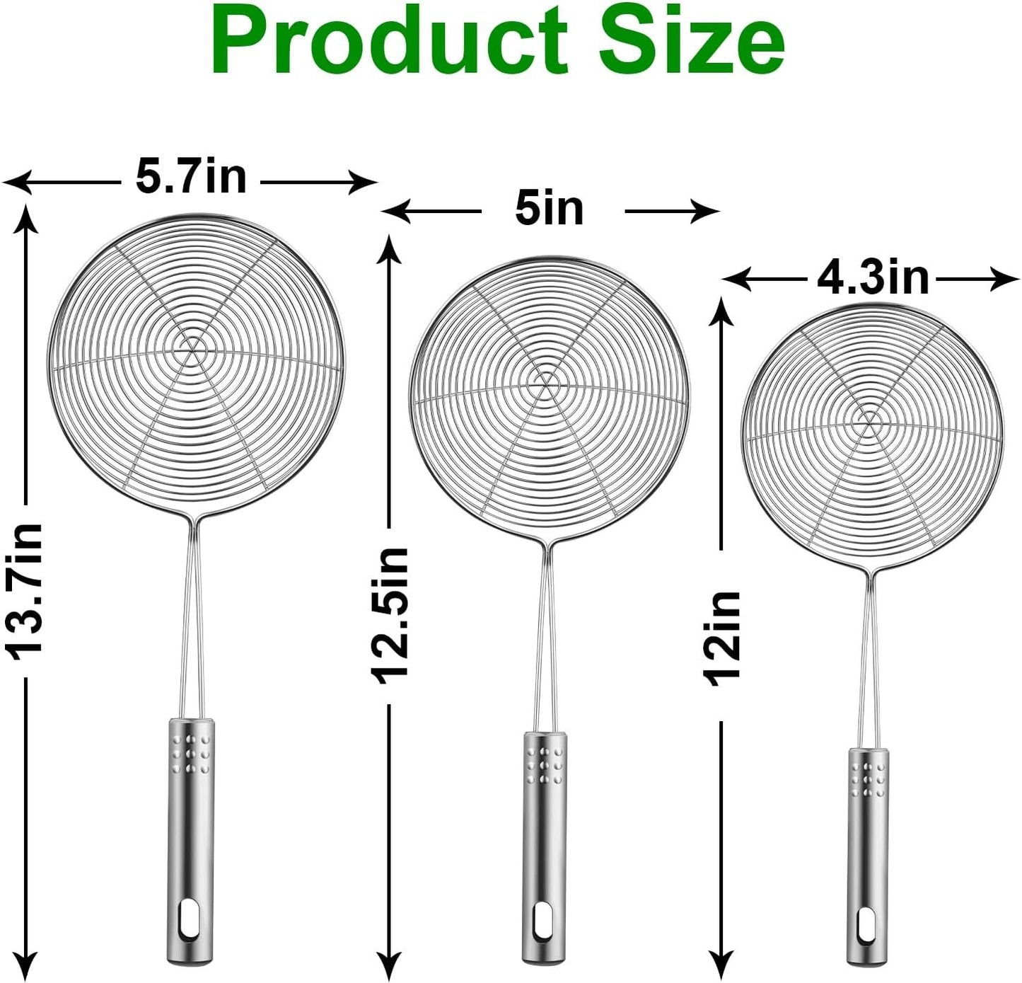 Swify Spider Strainer Set of 3 Asian Strainer Ladle Stainless Steel Wire Skimmer Spoon with Handle for Kitchen Frying Food, Pasta, Spaghetti, Noodle-30.5cm, 32cm, 35cm