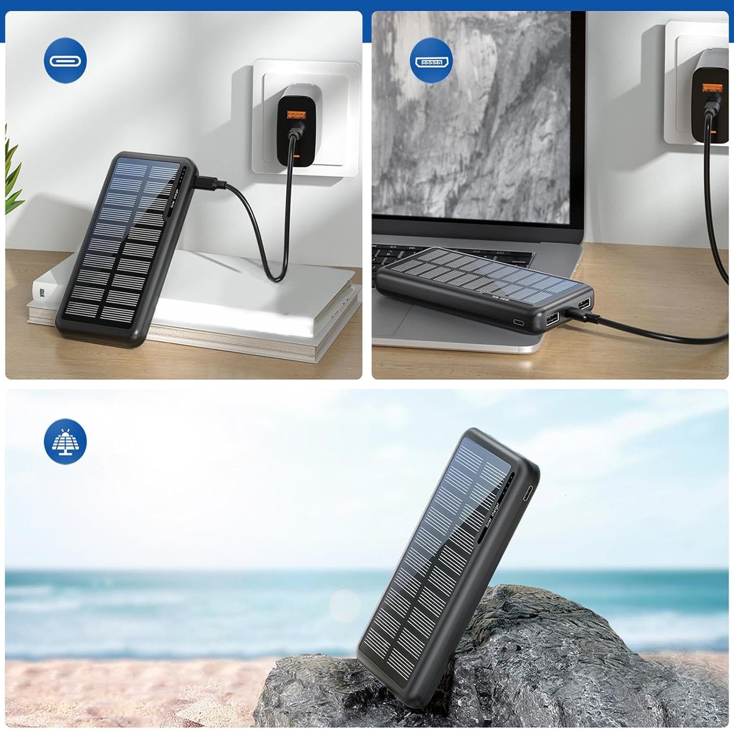 mivceklw Charger Portable, Solar Powers Bank, 10000mAh High-Capacity Battery, Duals USB Output Ports, Outdoor Travel Charge for Festival College Hiking Beach Camping 5.59x2.72x0.67in