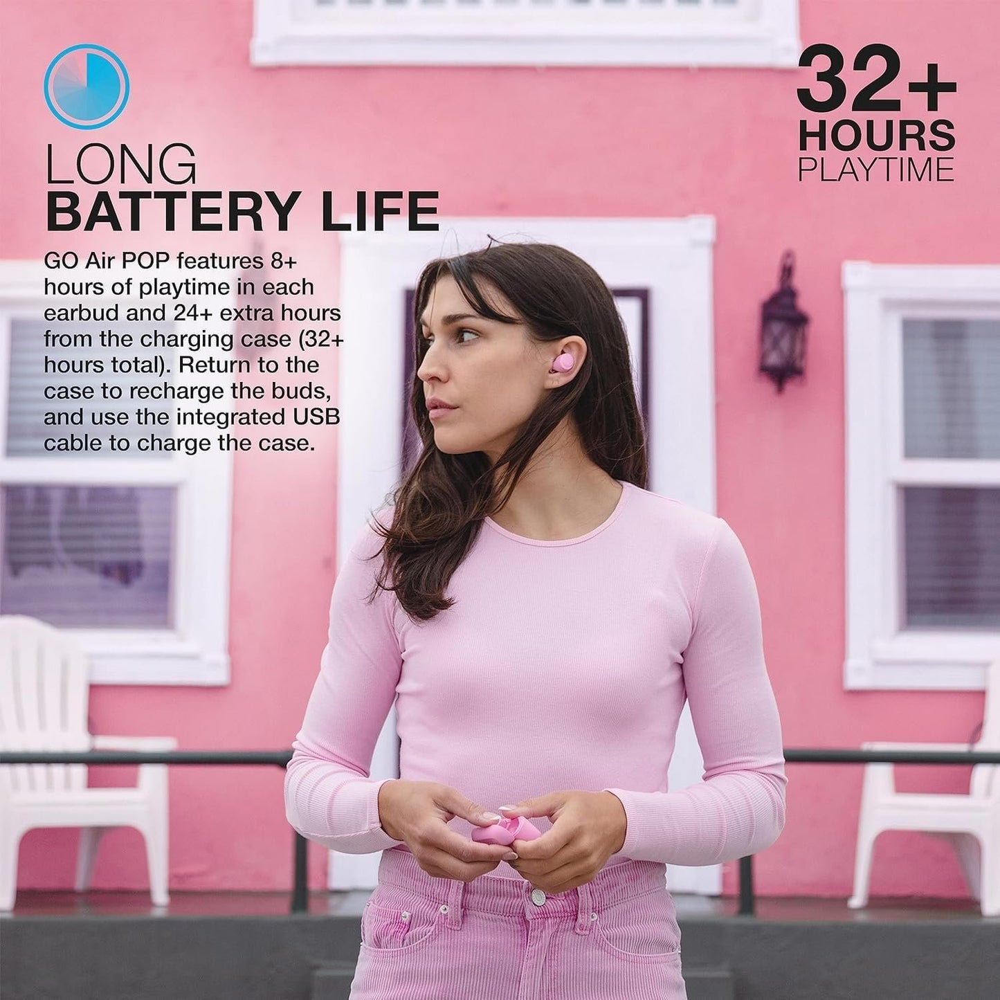 JLab Go Pop+ True Wireless Bluetooth Earbuds & Charging Case - Pink, App Support, Dual Connect, IPX4 Sweat Resistance, Bluetooth 5 Connection, 3 EQ Sound Settings Signature, Balanced, Bass Boost