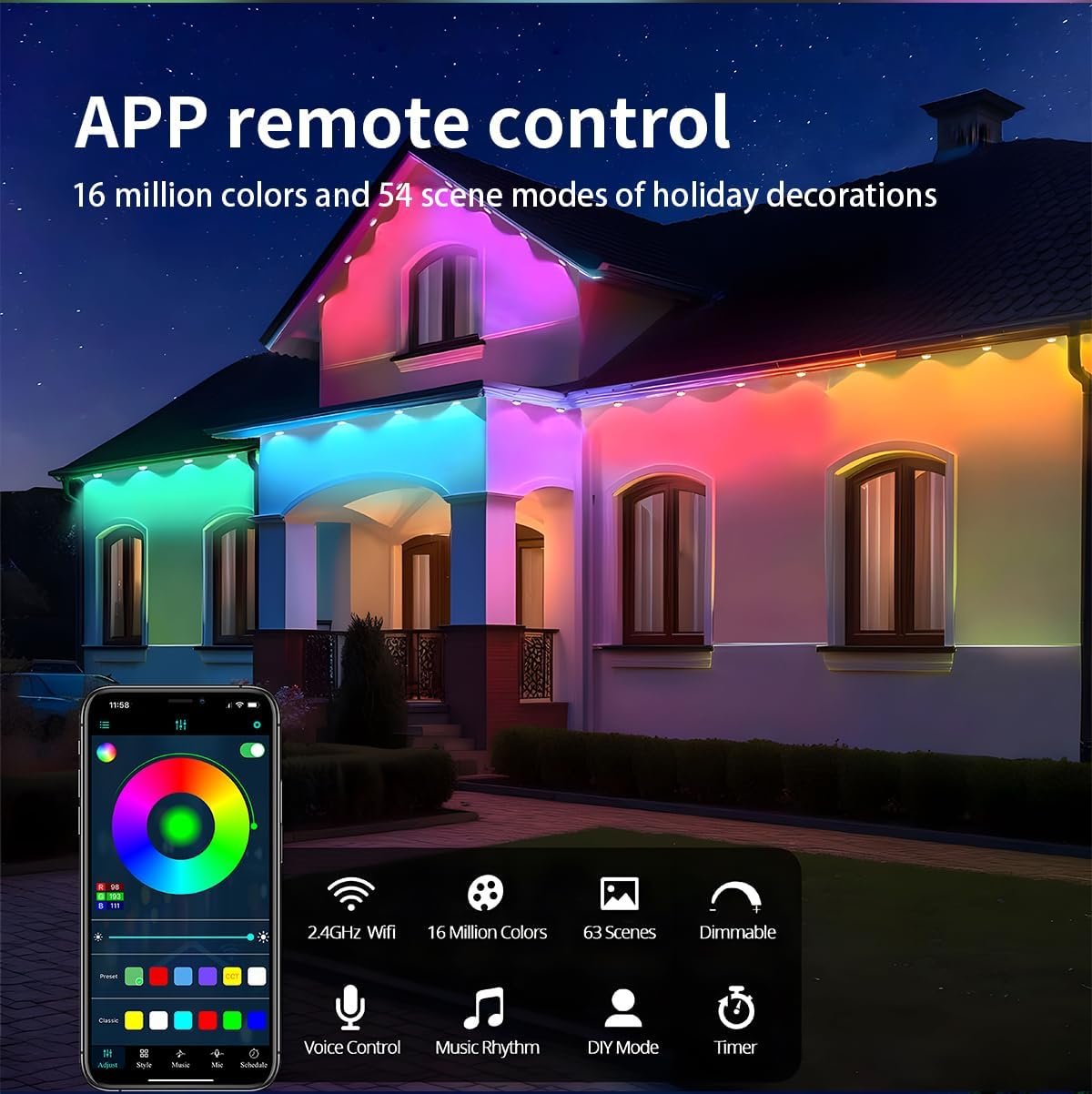 Permanent Outdoor Lights - 49ft Smart RGB Outdoor Lights, Strips Waterproof Outdoor IP68 Outside LED Eaves Lights with App Control,Music Sync Strip Lights for Eave, Roof, Party,Garde,Room Decor