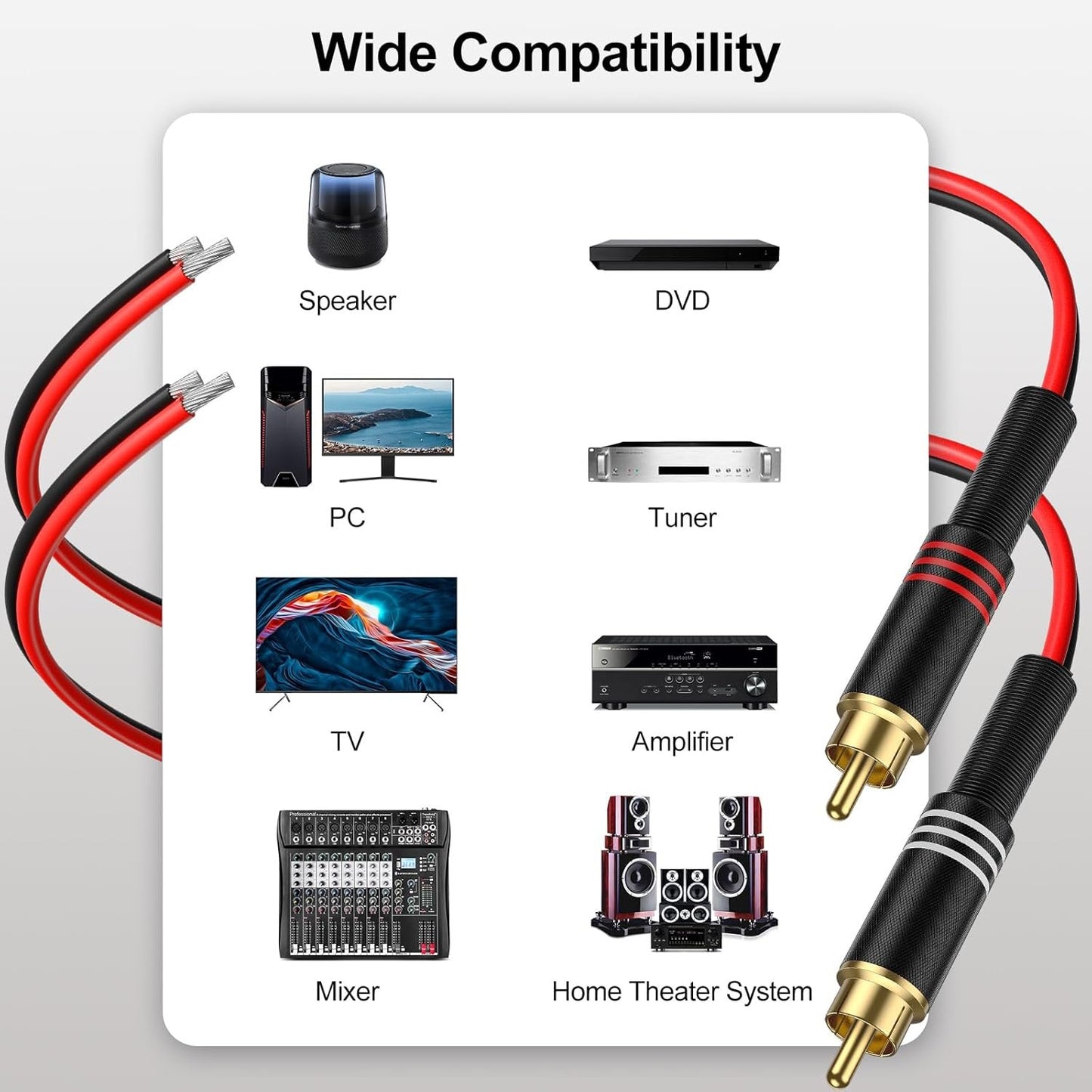 J&D RCA to Speaker Wire Adapter, 2 Pack 20AWG 6.6 ft (2 m), RCA Male Plug to Bare Wire Connector Adapter for Repairing Speaker Cords, Compatible with Amplifiers, AV Receivers