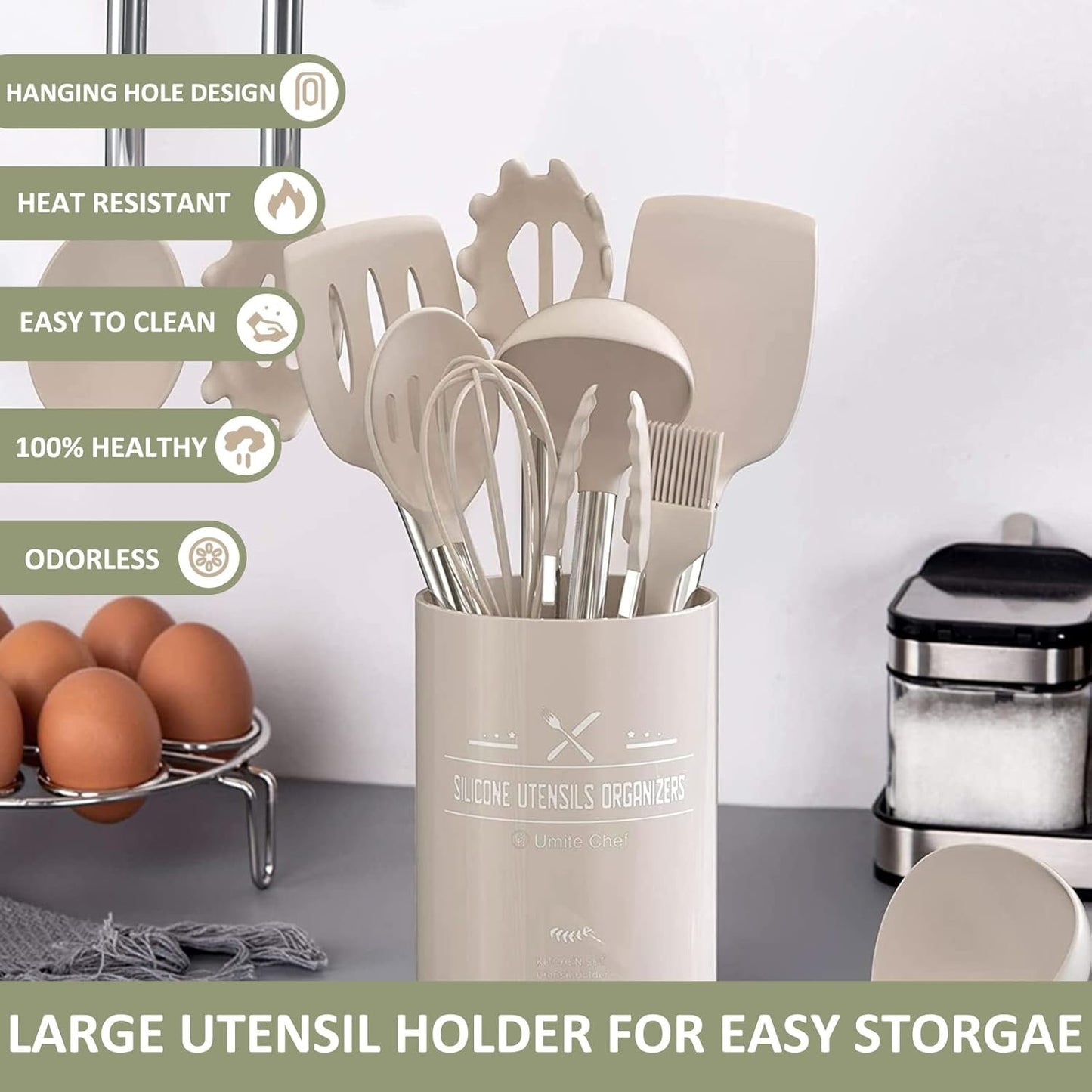 Umite Chef - 15 Pcs Kitchen Utensils Set Heat Resistant Non-Stick Silicone BPA Free Stainless Steel Handle Spatula Spoon Whisk