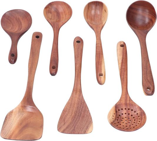 Yomiyuyr Wooden Spatula Spoon Set, Naturals Teak Wooden Cooking Utensils for Non Stick Pans, 7 Piece Set, eco friendlys Kitchen Tools with Hanging Hole