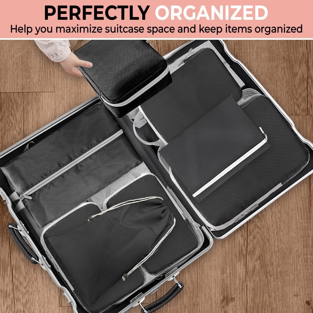UniPro GOODS- Travel Bag Luggage Organizers 8 piece set- Compression Packing Cubes for Suitcases, Drawstring Pouch and Shoe Bag, Travel Accessories, More Lightweight and Durable