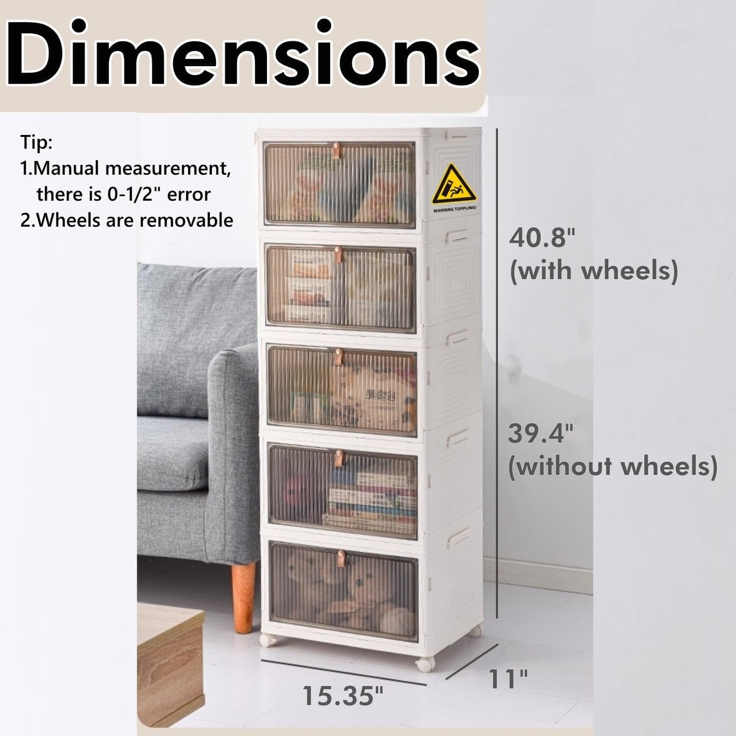 Stackable Storage Bins with Lids, Collapsible Closet Organizers and Storage Bin with Wheels, Foldable Organization Bins for Cabinet, Plastic Containers for Home (White-5 Tier)