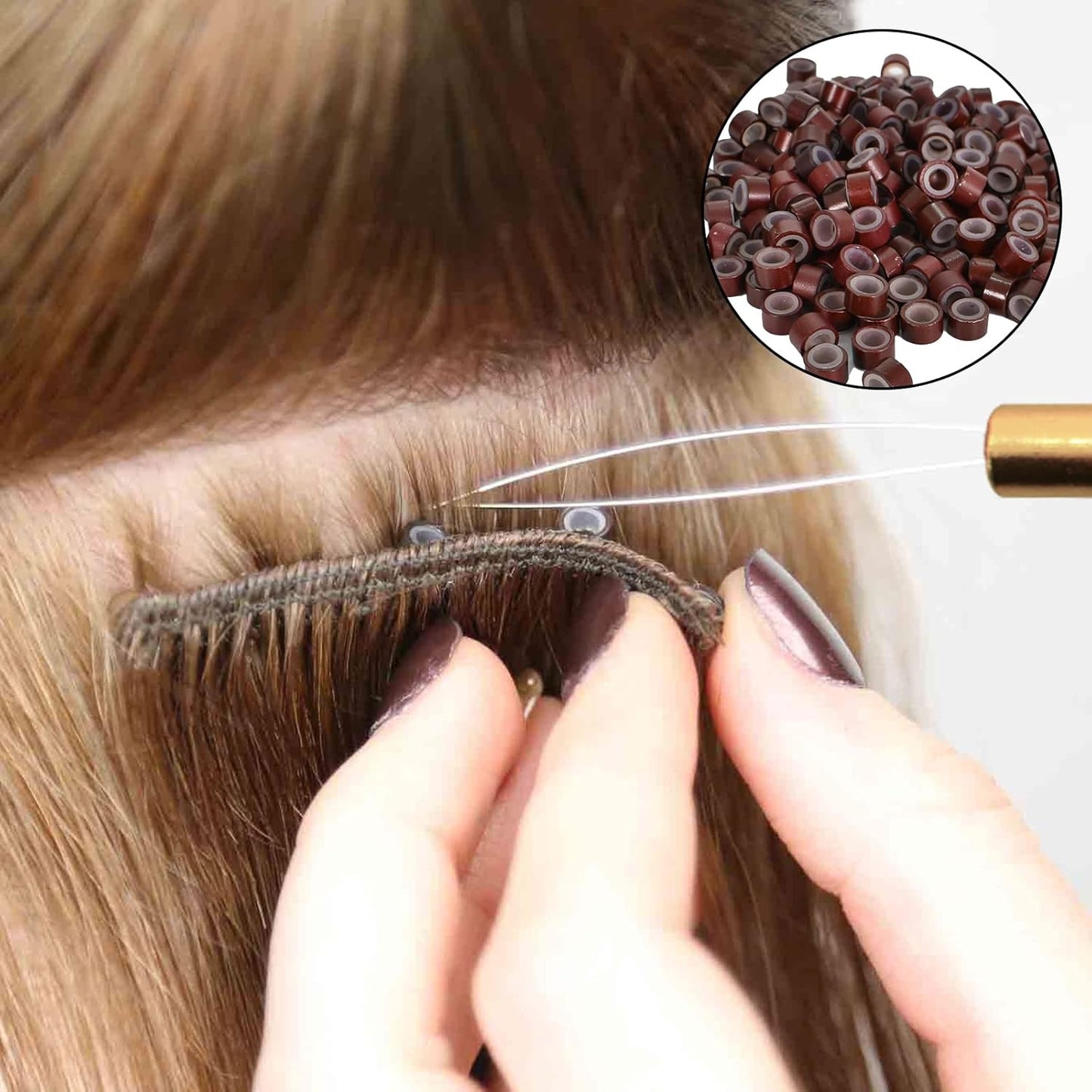 Colexy 200 Pieces Brown Micro Rings for Extension and 1 Piece Clip 2 Pieces Hooks, Hair Extension Tool Set, Wig Connector Kit, Hair Extension Accessories