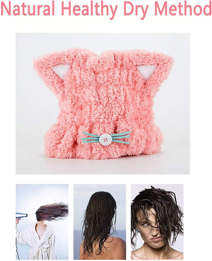 mdoahny 2Pcs Microfiber Quick Drying Towel Wrap for Kids Girls, Kids Hair Towel Wrap, Cute Ears Cap Wrapped Bath Tool Hair Turban, Absorbent Hair Dry Hat Cap Lightweight Hat Headscarf, Blue and Pink