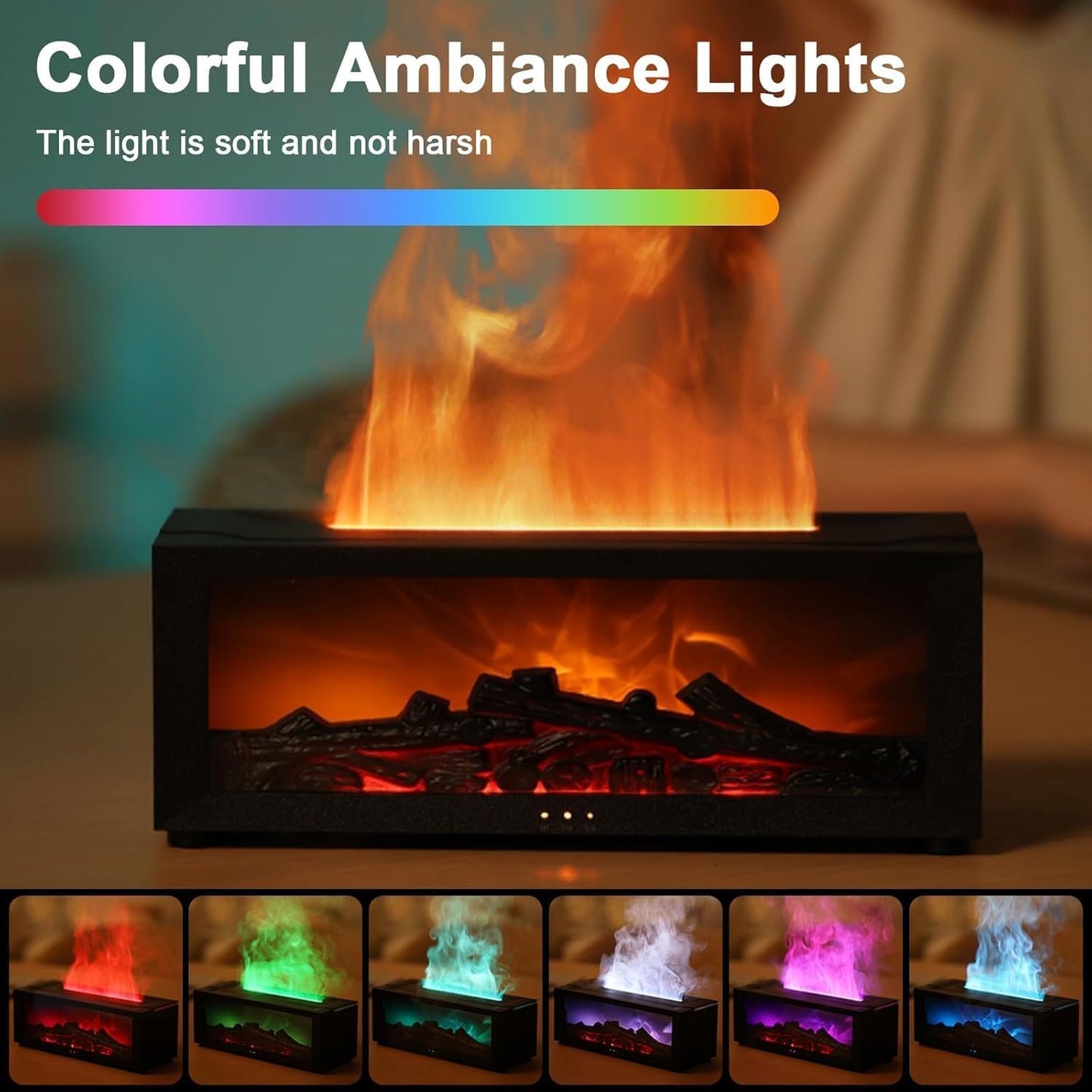 3D Flame Essential Oil Diffuser, 150ml Fireplace Flame Light Humidifier with Timer, Auto-Off Protection, 7 Colors LED Night Light and Remote Control, Aroma Diffuser for Home, Office, Bedroom (Black)