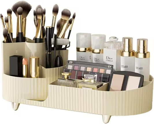 LUSHLOOM Modern Elegant Rotating Makeup Organizer - 360° Adjustable Cosmetic Storage Tray, Multi-Compartment Organizer for Makeup, Brushes, Skincare, Accessories - Beige