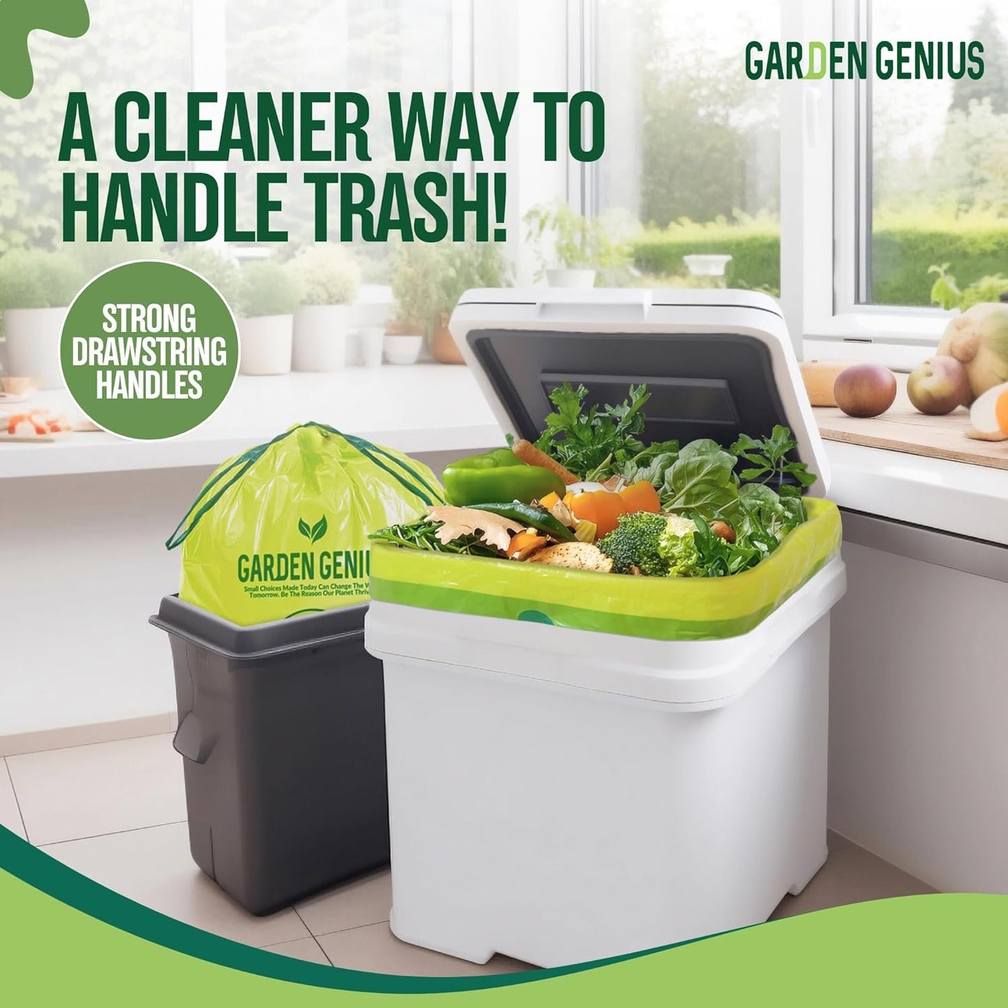 Biodegradable 13-17 Gallon Code-Q Kitchen Waste Bags (50 Pack) | Strong Heavy-Duty Tall Trash Bags w/Drawstring | Fits Simplehuman & Standard Cans | Eco-Friendly D2W, 30 Micron Thick | 25.6" x 33.5"