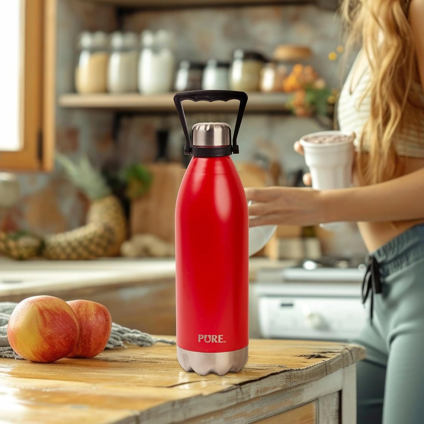 PURE Insulated Water Bottle, 1.5 L, Red - Large Canada Stainless Steel Metal Vacuum Thermal Leak Proof Water Bottles with Handle for Sports, Travel, Home and Office