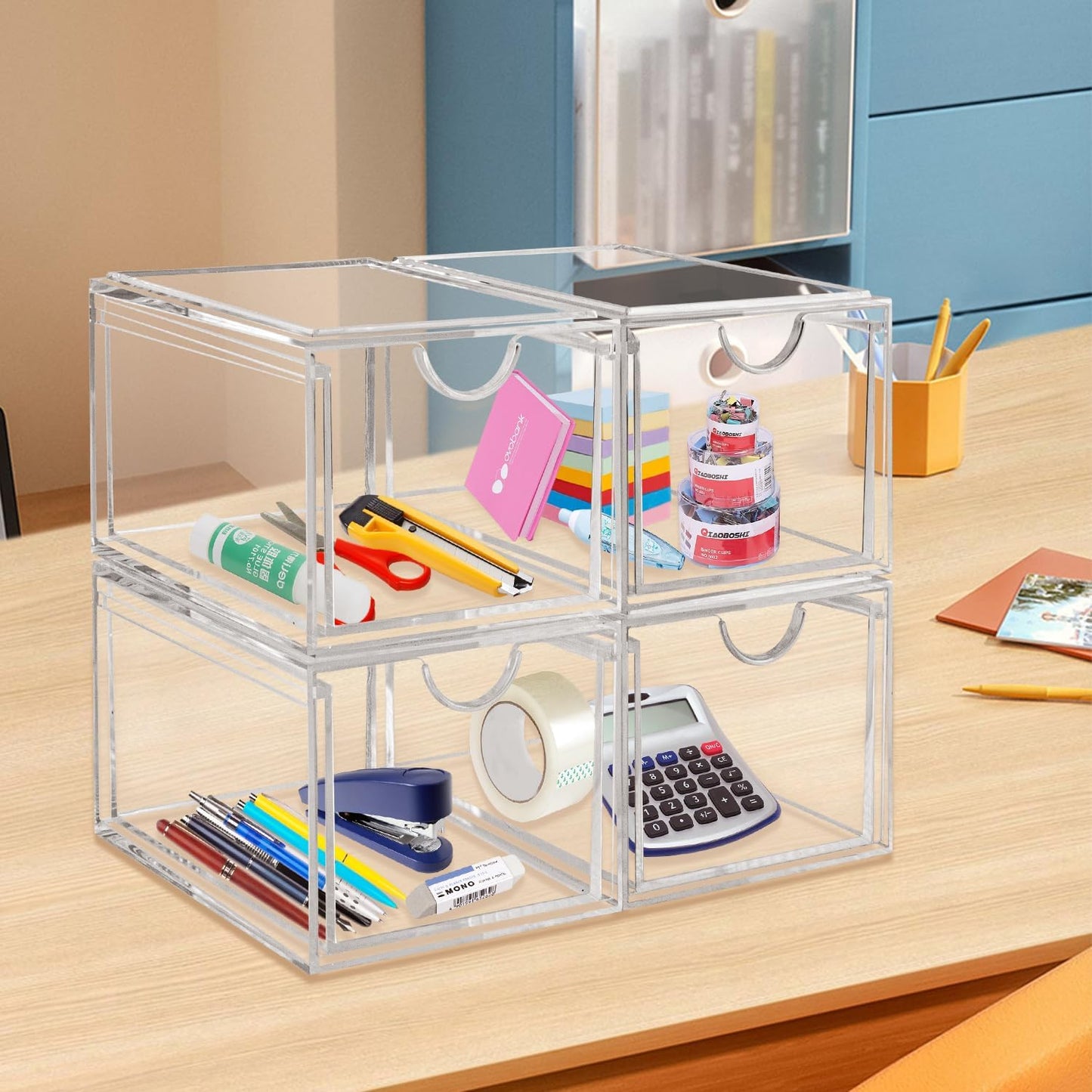 AMEITECH Stackable Cosmetic Organizer Drawers, Acrylic Clear Makeup Organizer, Vanity Container Drawer for Cosmetics, Skin Care, Hair Accessories, Bathroom Counter or Dresser - Set of 2