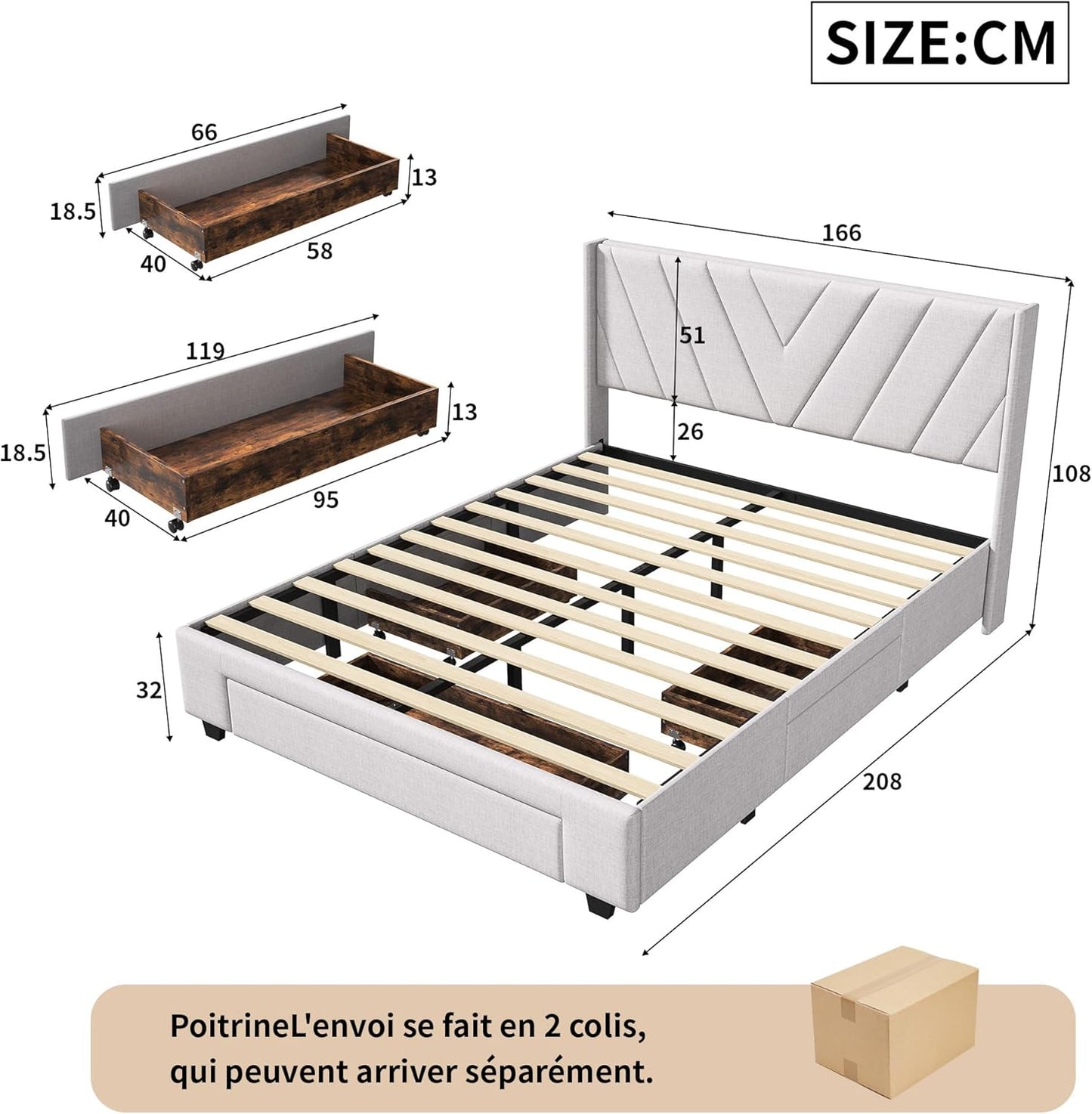 BRILVERDE Upholstered Bed, 160 x 200 cm, Double Bed with 3 Drawers, Solid Wood Bed with Headboard, Junior Bed, No Mattress, Beige (160 x 200 cm)