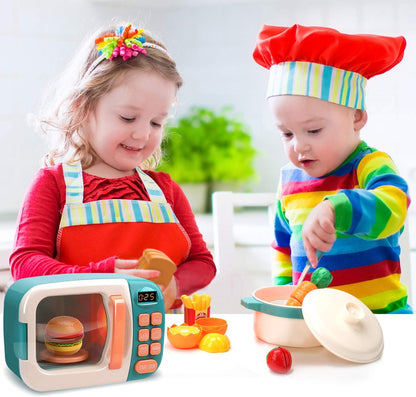 CUTE STONE Microwave Toys Kitchen Play Set, Kids Pretend Play Electronic Oven with Play Food, Kids Cookware Pot and Pan Toy Set, Cooking Utensils,Great Learning Gifts for Girls Boys