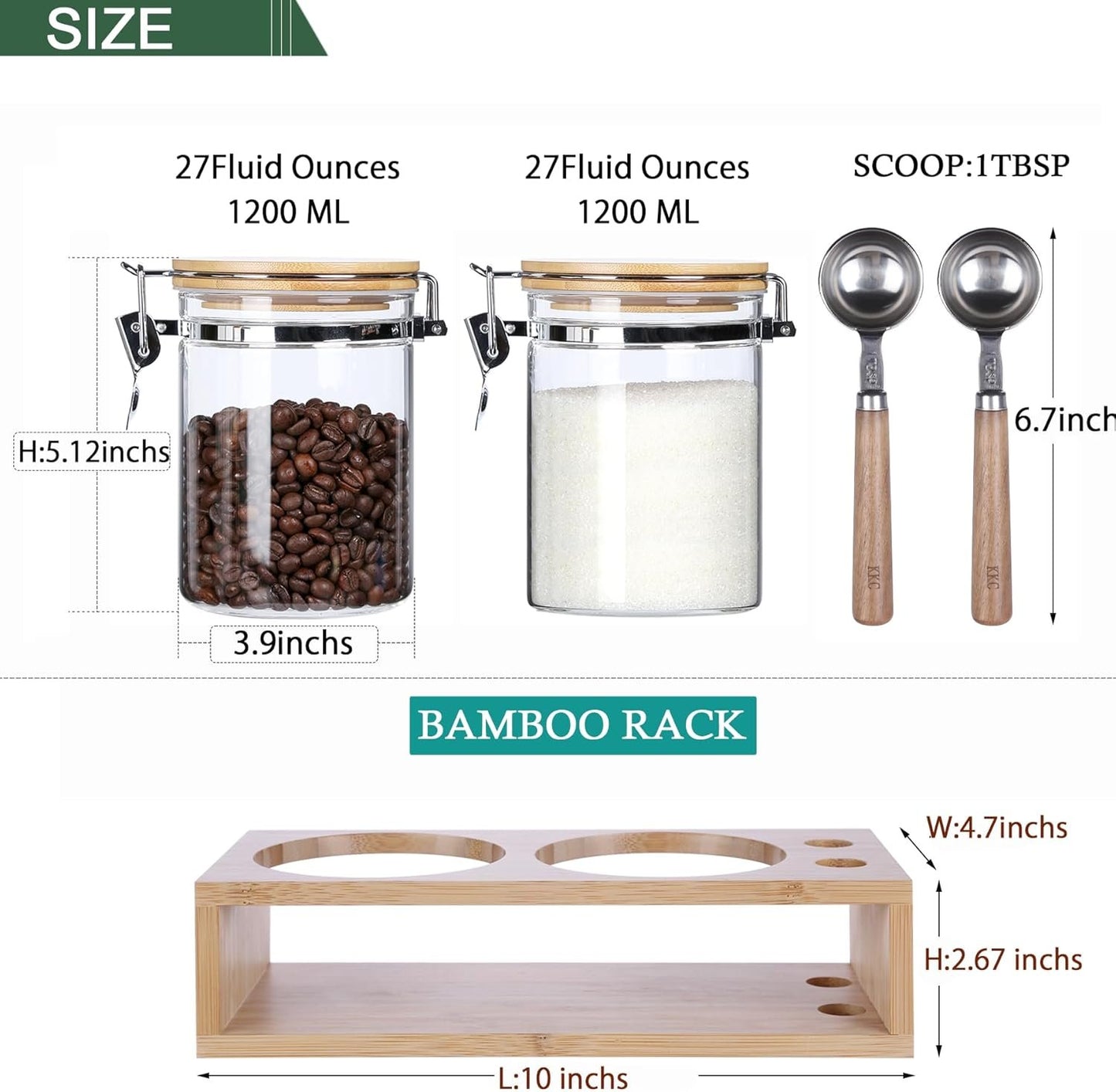 KKC HOME ACCENTS Airtight Borosilicate Glass Loose Tea & Coffee Beans Storage Containers with Bamboo Clamp Lids & Scoops - Glass Food Storage Jars for Nuts, Sugar, Matcha, Pantry Organization - 800 ML