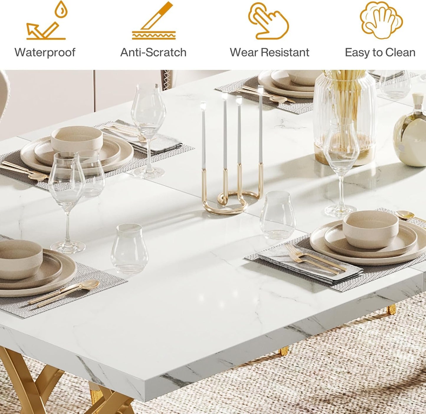 LITTLE TREE Modern Dining Table for 4-6 People, 63" Large Rectangular Kitchen Table with Faux Marble Tabletop and Geometric Legs, Unique Dinner Table Kitchen & Dining Room Furniture