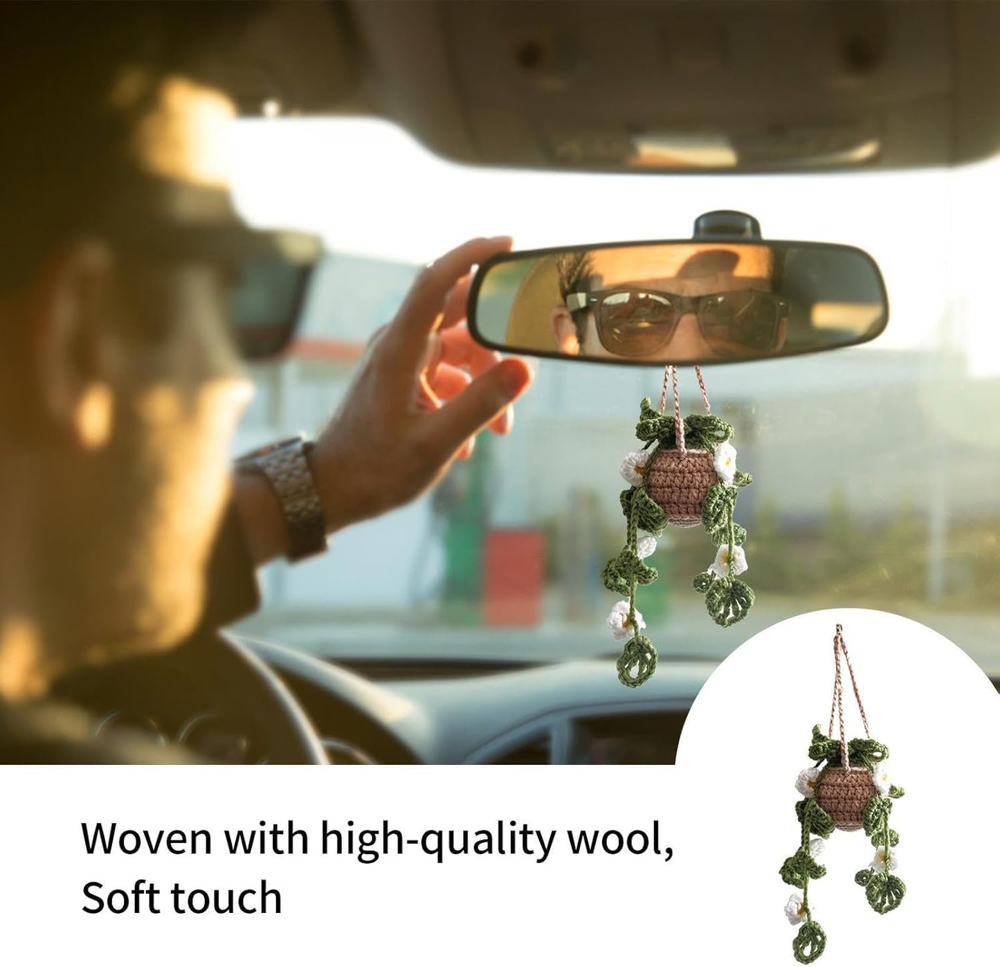 Crochet Hanging Plant for Car - Cute Car Accessories, Crochet Potted Plants, Car Hanging Accessories, Handmade Knitted Rear View Accessories Car Interior Aesthetic