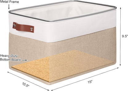 KEEGH Fabric Storage Bins,15 x 10.5 x 9.5 Foldable Storage Baskets Large Collapsible Organizer Baskets 3-Pack with Leather Handle for Home Nursery Organization,White/Brown