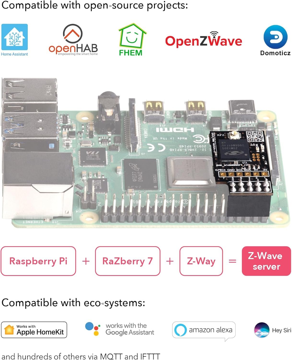 RaZberry 7 Pro - Z-Wave Plug-On Module for Raspberry Pi (US frequency), Great for DIY Smart Home. Compatible with Z-Way and Home Assistant