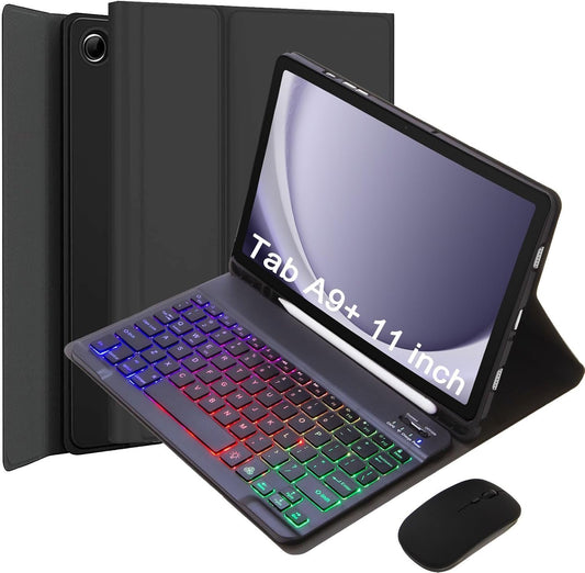 VLEAQC Keyboard Case for Samsung Galaxy Tab A9+/A9 Plus 11 Inch 2023 (SM-X210/X216/X218), Detachable Color Backlit Bluetooth Keyboard and Mouse, Slim Lightweight Stand Cover with Pen Holder,Black