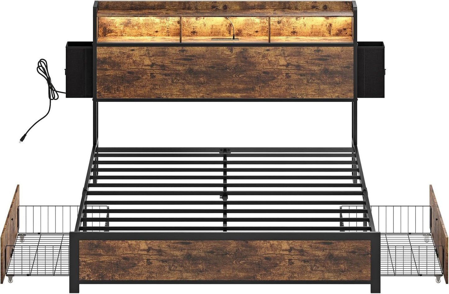 HAUSOURCE Queen Bed Frame with 2-Tier Storage Headboard and 2 Drawers LED Lights Bed Frame Queen Size Metal Platform Non-Slip Without Noise No Box Spring Needed Brown