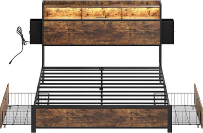 HAUSOURCE Queen Bed Frame with 2-Tier Storage Headboard and 2 Drawers LED Lights Bed Frame Queen Size Metal Platform Non-Slip Without Noise No Box Spring Needed Brown