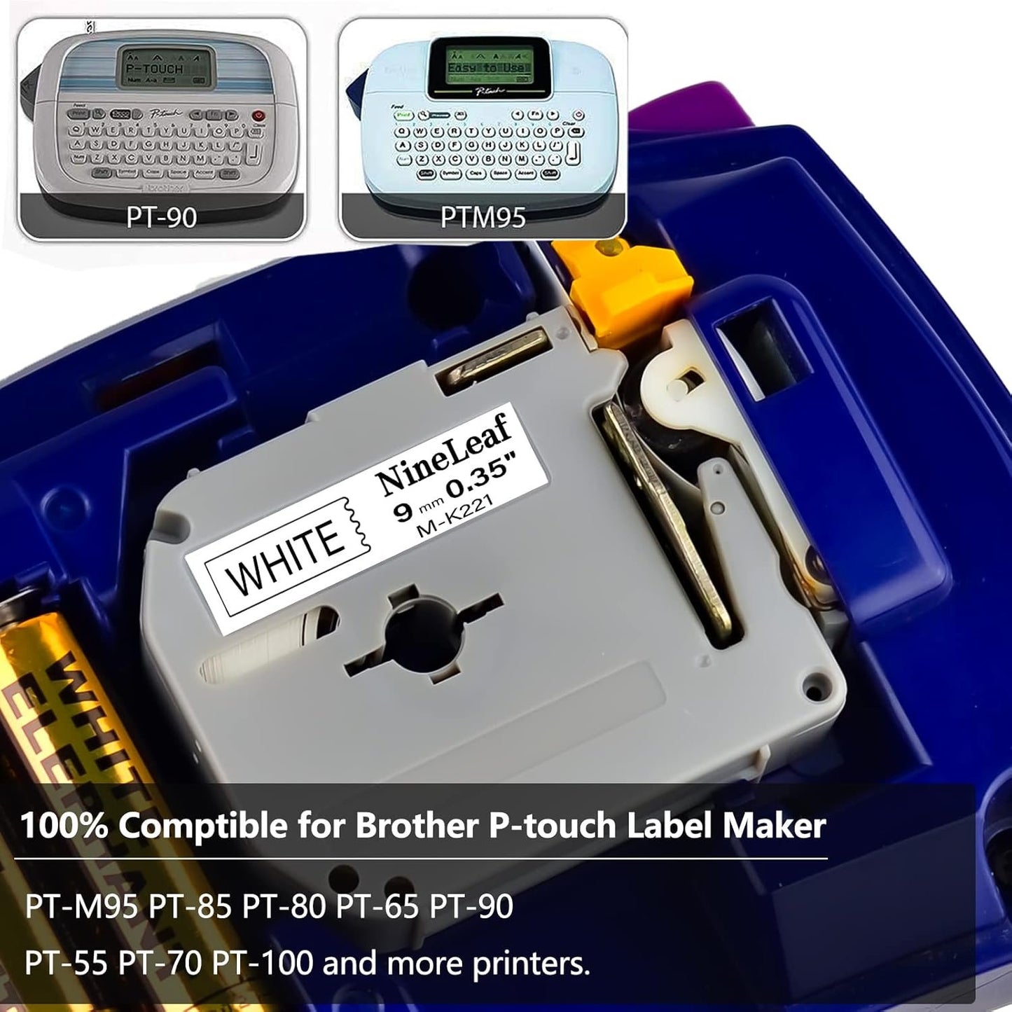 NineLeaf 4 Pack Compatible for Brother P-Touch M Label Tape MK221 M-K221 M221 Black on White 3/8" (9mm) x 26.2ft (8m) Labeling Refill Work in PT-45M PT-65 PT-70 PT-M95 Label Maker