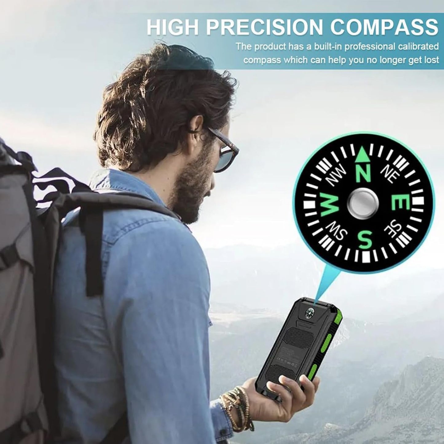 Solar Powered Charger | Fast Charging Solar Battery Pack | Flashlight Fast Charging Survival Gear Wireless Battery Pack for Cell Phone, Outdoor & Fishing