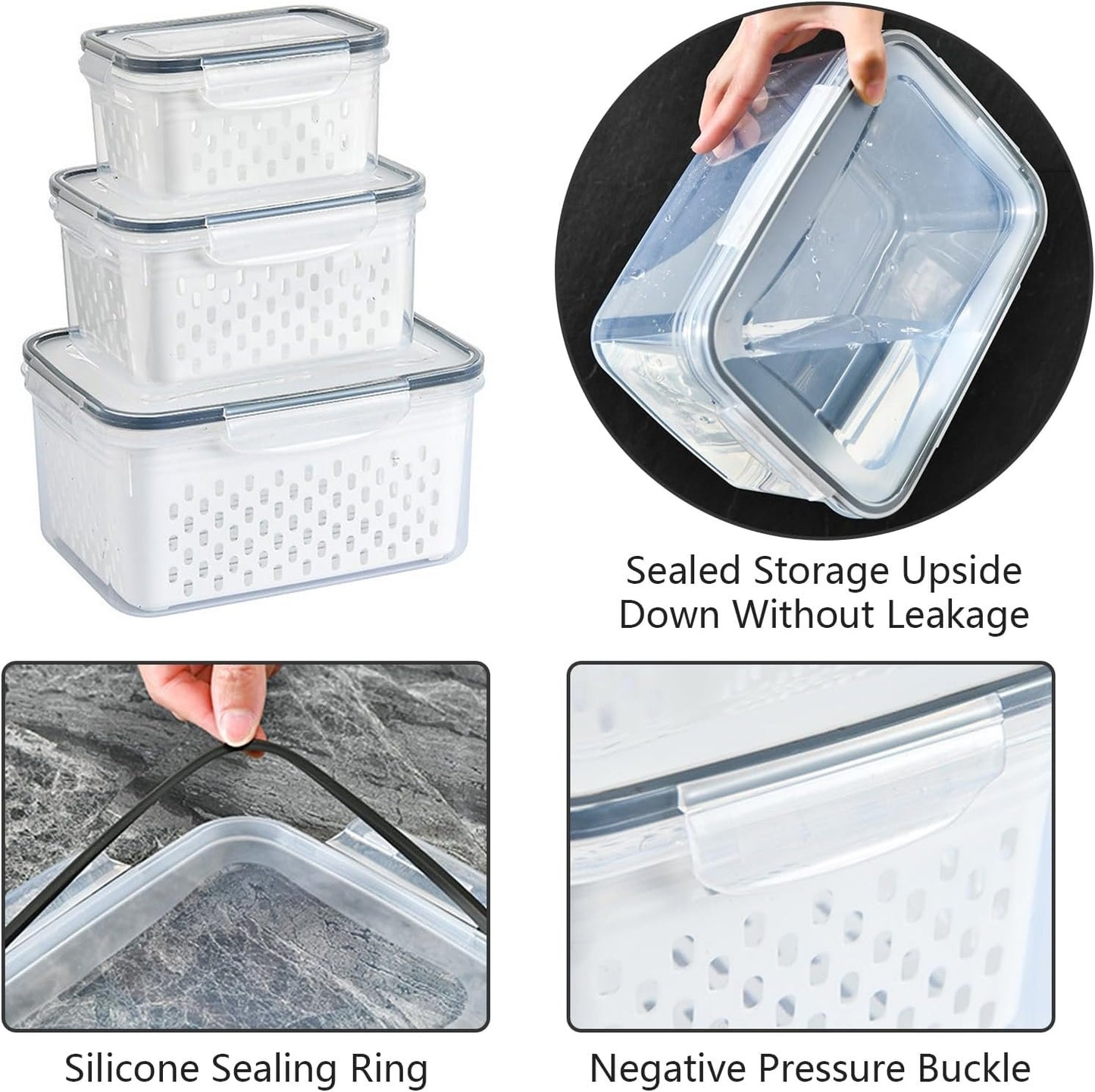 Lizbin 3 PCS Fruit Storage Containers for Fridge With Removable Colander, Leak Proof Airtight Food Storage Containers With Lids, Keep Meat Fresh