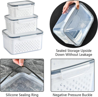 Lizbin 3 PCS Fruit Storage Containers for Fridge With Removable Colander, Leak Proof Airtight Food Storage Containers With Lids, Keep Meat Fresh