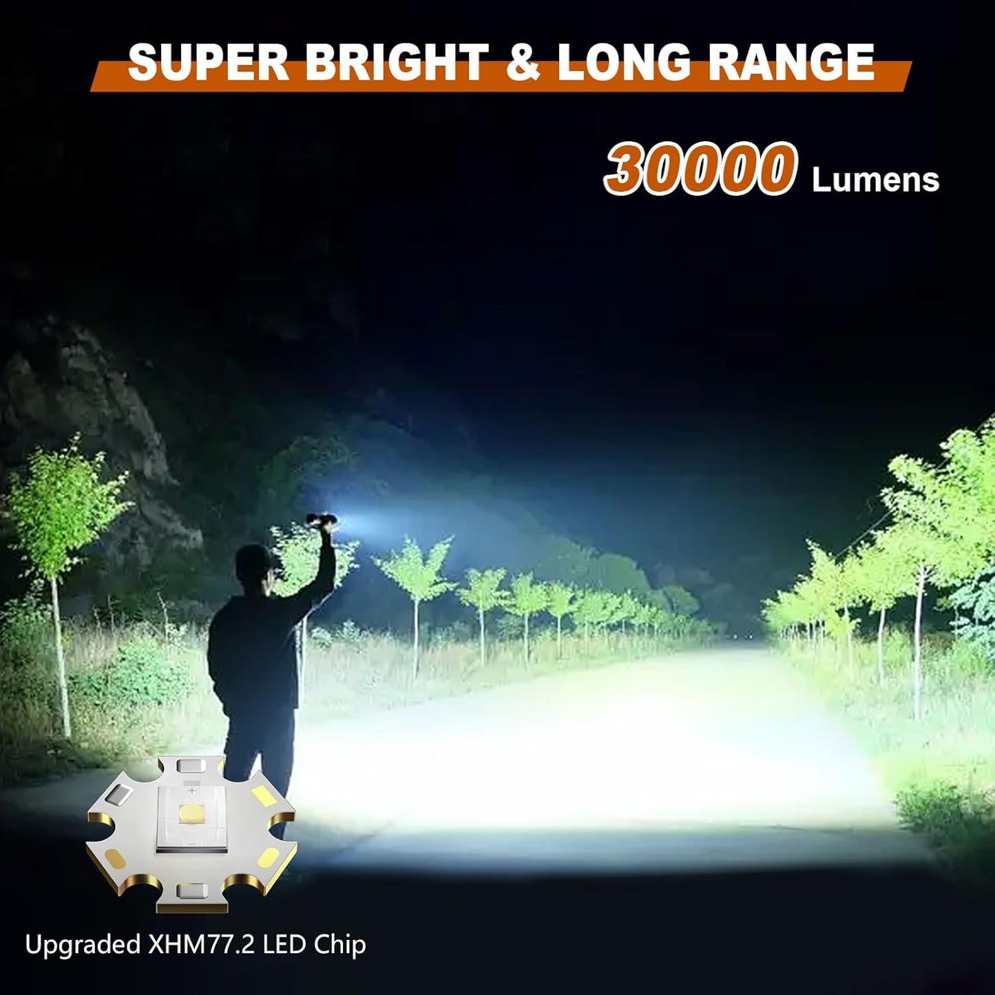 LED Torch Rechargeable Flashlight, Shadowhawk 30000 Lumens XHM77.2 Super Bright Torches, Handheld Torch Flashlight, Powerful Tactical Torch Waterproof Flash Light for Emergency Camping Gift