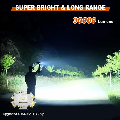 LED Torch Rechargeable Flashlight, Shadowhawk 30000 Lumens XHM77.2 Super Bright Torches, Handheld Torch Flashlight, Powerful Tactical Torch Waterproof Flash Light for Emergency Camping Gift