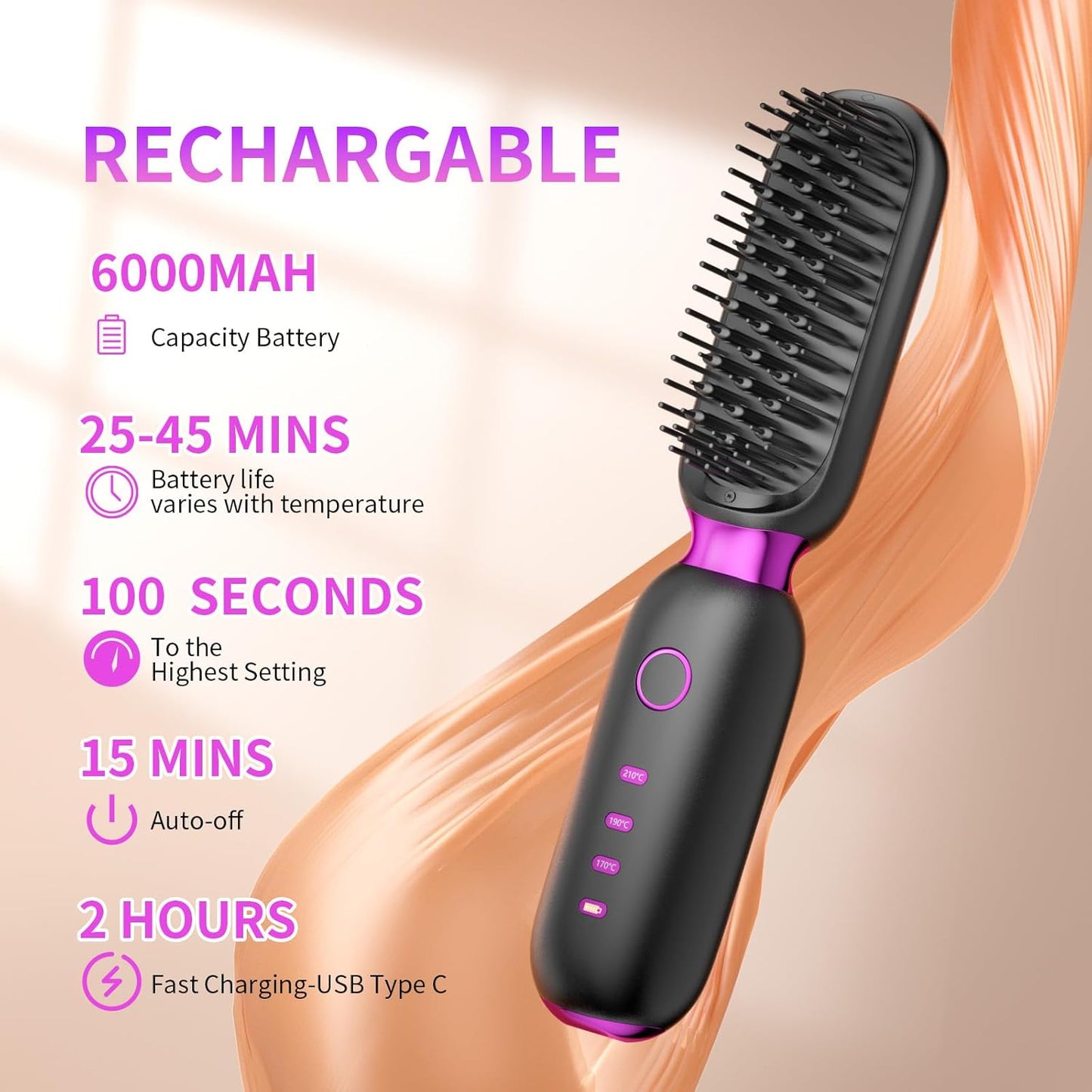 B-Qtech Cordless Hair Straightener Brush, Portable Mini Hair Straightening Brush for Travel, Negative Ion Hot Comb Hair Straightener with Rechargeable 6000 mAh USB-C
