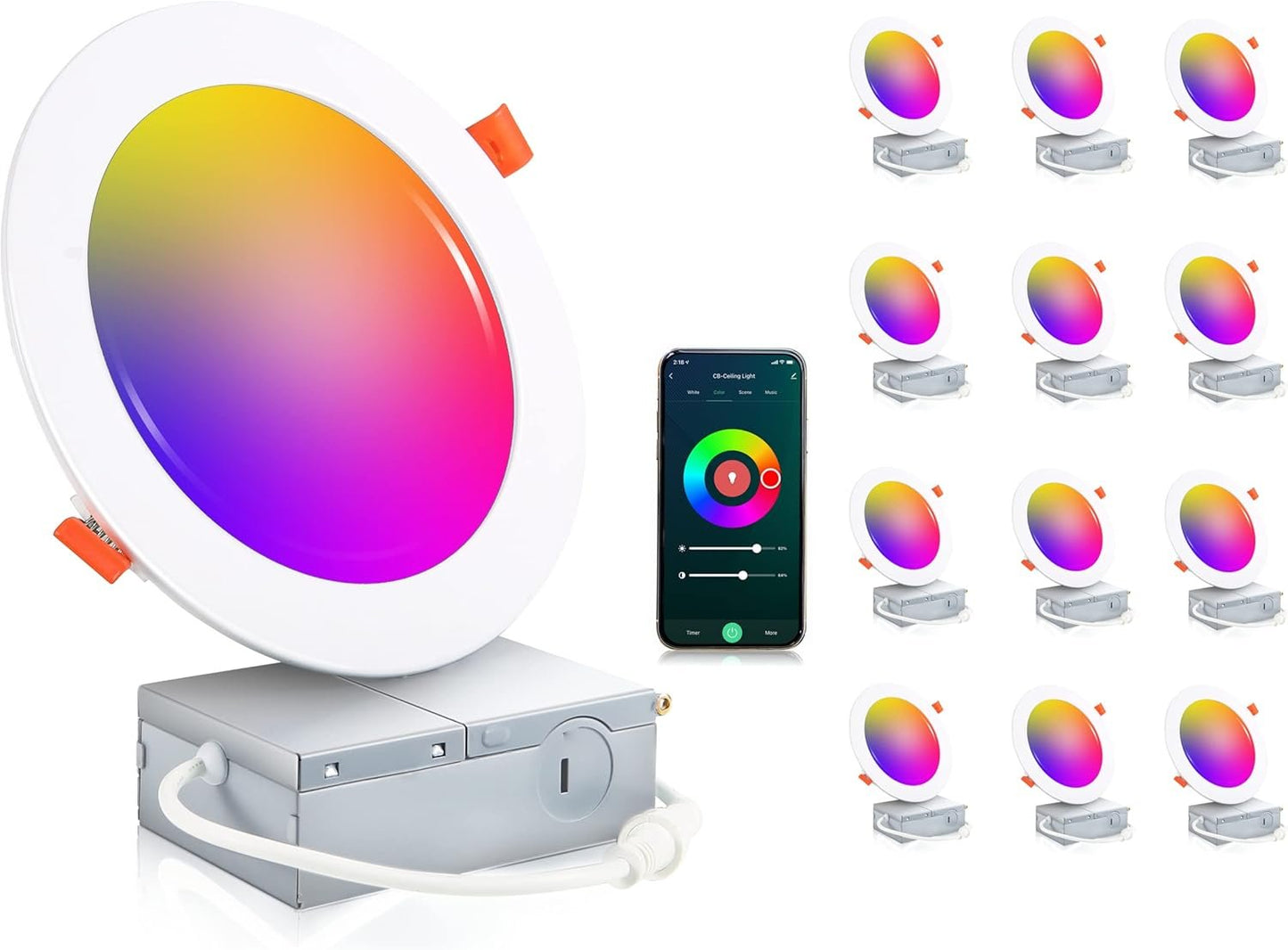 CLOUDY BAY [12 Pack] 6inch Smart WiFi LED Recessed Lighting,RGBCW Color Changing, Compatible with Alexa and Google Home Assistant, No Hub Required,15W 950LM, 2700K-6500K,CRI90+ Wet Location