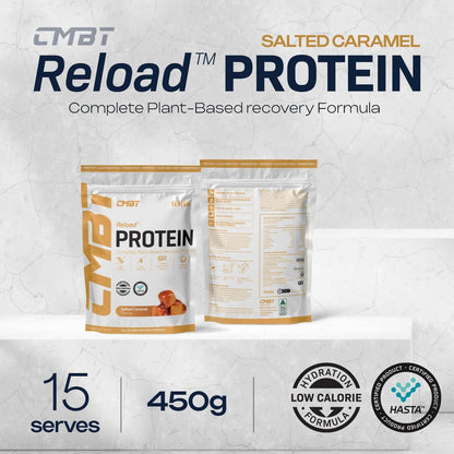 CMBT Reload Protein Powder, 22g Plant-Based Protein, Gut Health, Anti-Inflammatory, Clean Energy, Hydration Support, Banned Substance Tested, Salted Caramel, 450g