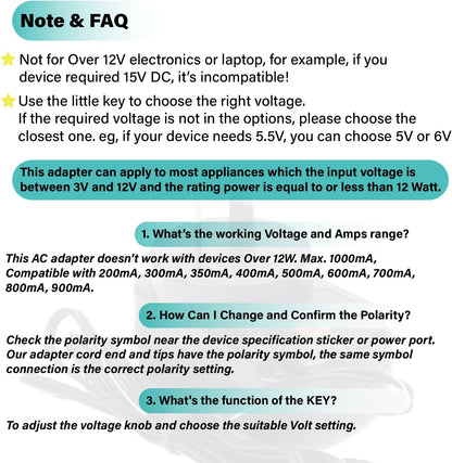 12W Universal AC to DC Power Supply 3 V 4.5 V 5 V 6 V 7.5 V 9 V 12 V 1 A, Multi-voltage Adapter with 8 DC Plugs for Home Electronics