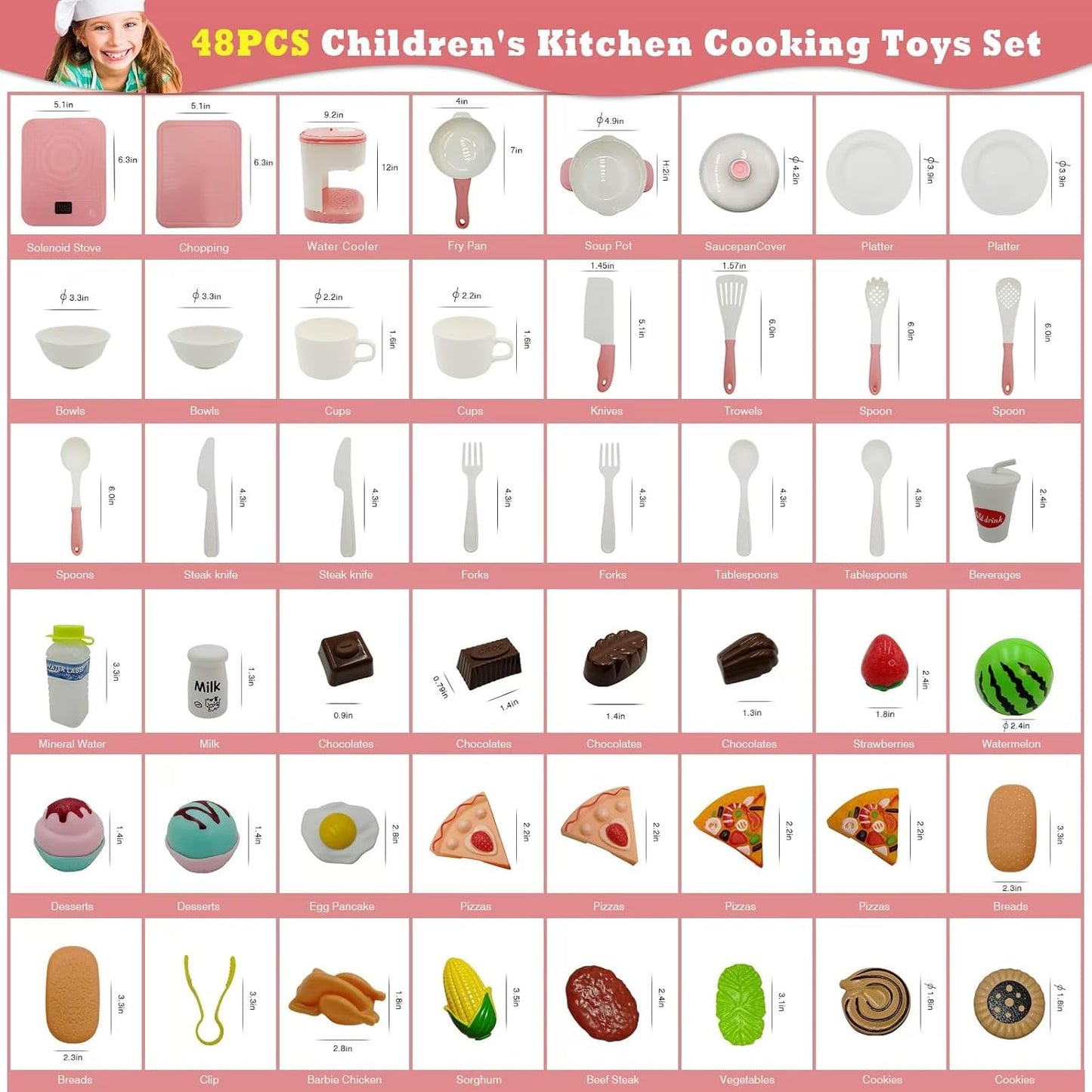 LESUNTINGKY 48-Piece Toddler Cooking Set with Realistic Stove & Utensils – Pretend Play Kitchen Toys for Kids (3-8 Years) BPA-Free, Skill-Developing, Christmas Birthday Gift