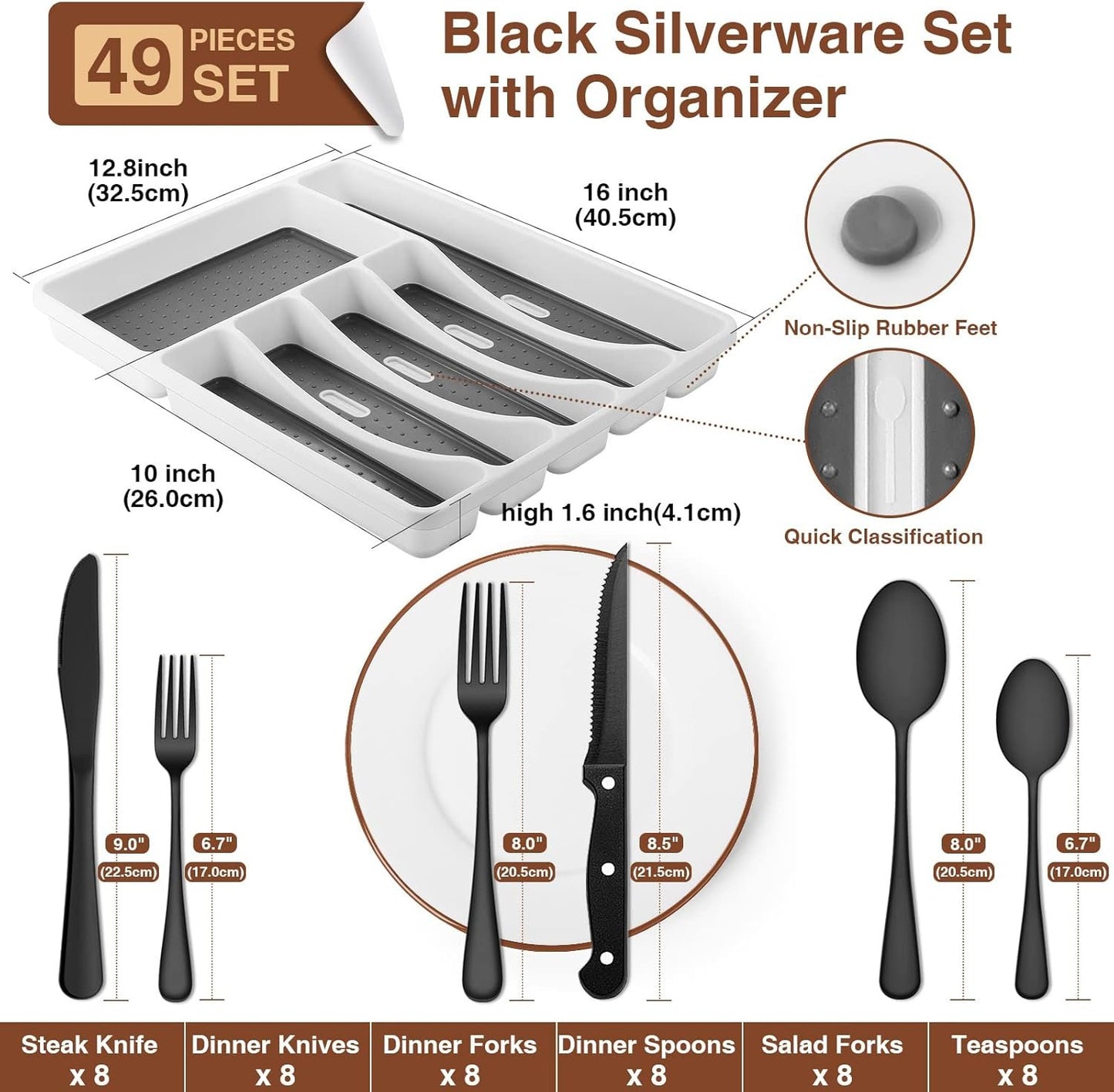 49-Piece Black Silverware Set with Organizer, Stainless Steel Flatware Set with Steak Knives for 8, AIKKIL Cutlery Set for Home Restaurant, Food-Grade Knives Forks and Spoons Silverware Set