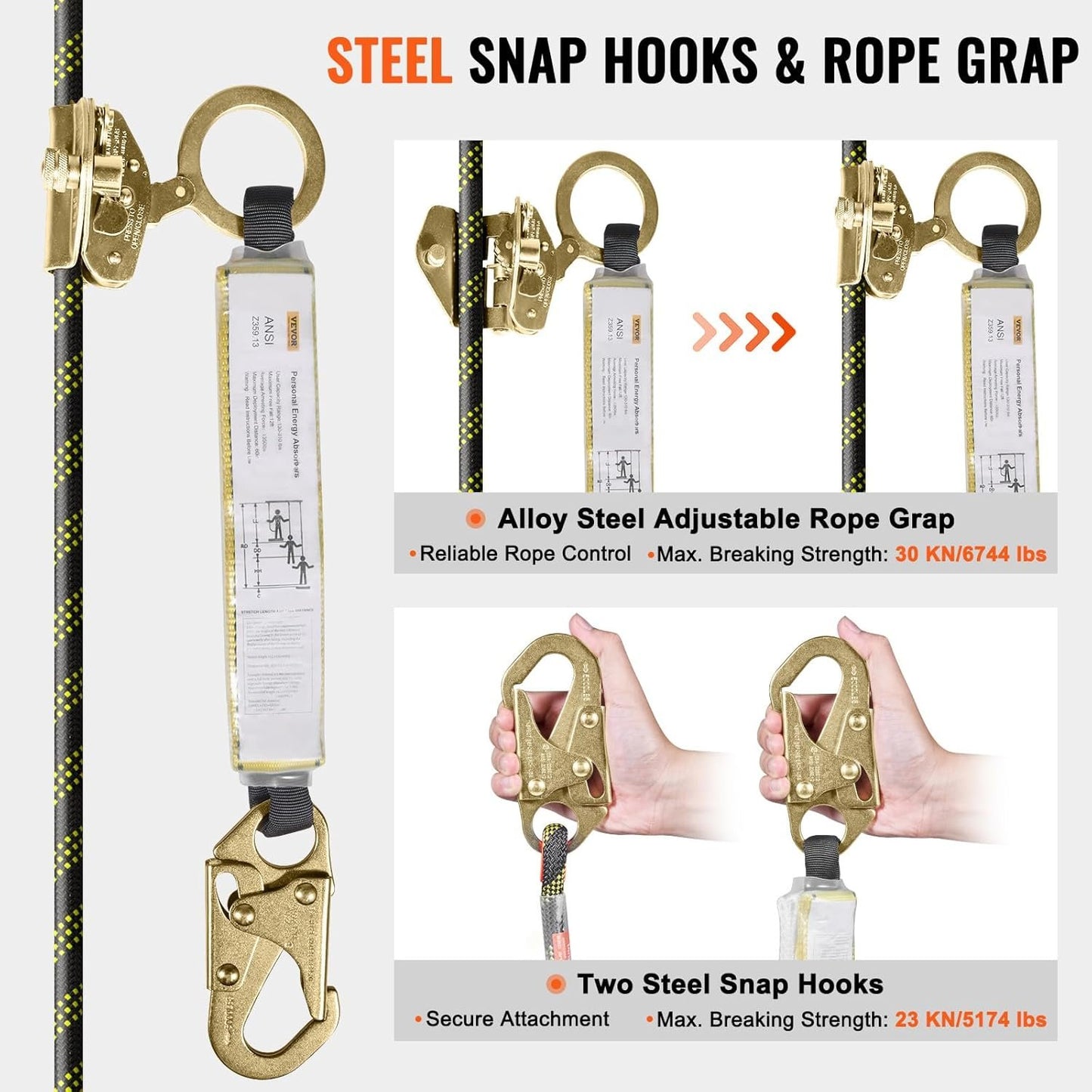 VEVOR Climbing Rope, Fall Protection Safety Rope, Vertical Tree Stand safety Rope Line Kit Safety Harness for Roofing Work with Alloy Steel Rope Grab, Two Snap Hooks, Shock Absorber