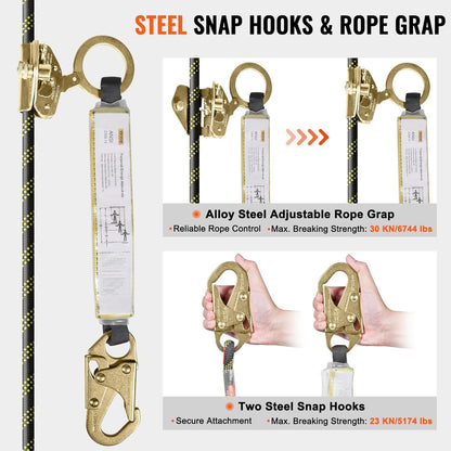 VEVOR Climbing Rope, Fall Protection Safety Rope, Vertical Tree Stand safety Rope Line Kit Safety Harness for Roofing Work with Alloy Steel Rope Grab, Two Snap Hooks, Shock Absorber
