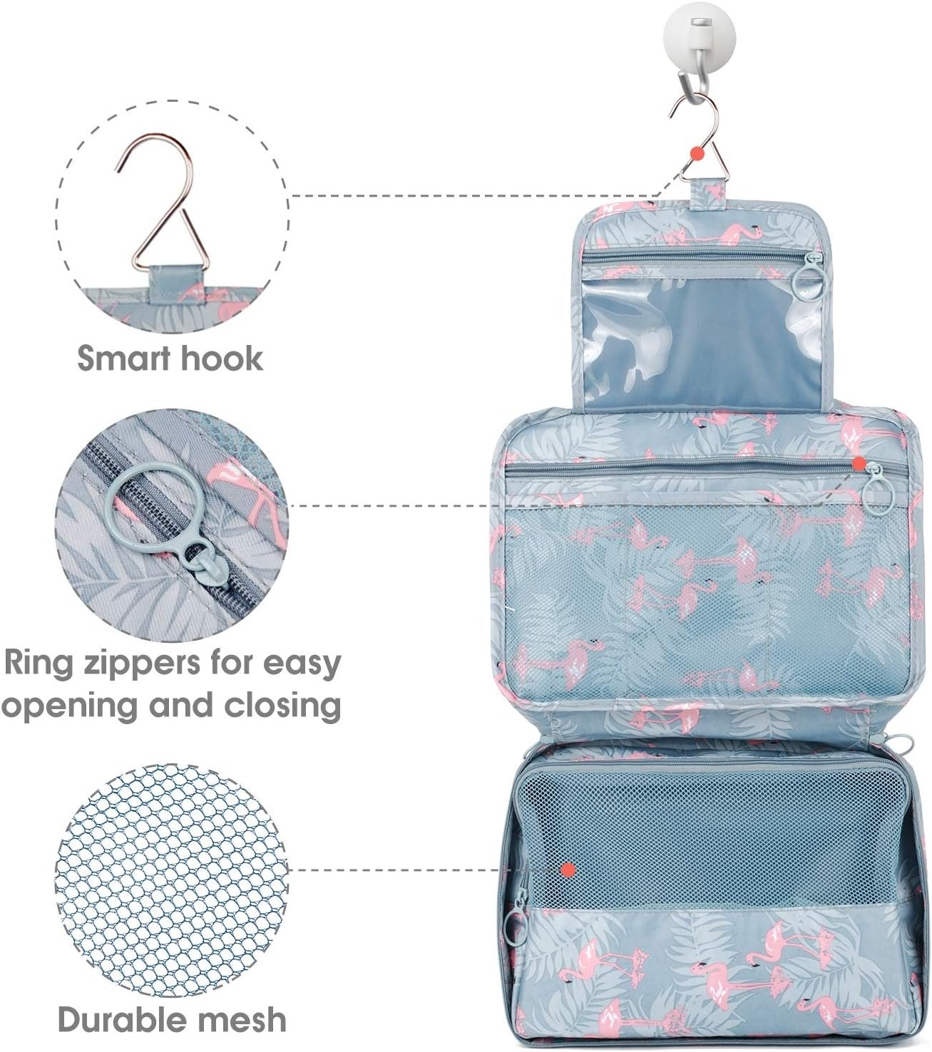Narwey Hanging Toiletry Bag Women Travel Toiletries Bag Cosmetic Makeup Bag Water-Resistant Organizer for Girls (Flamingo)