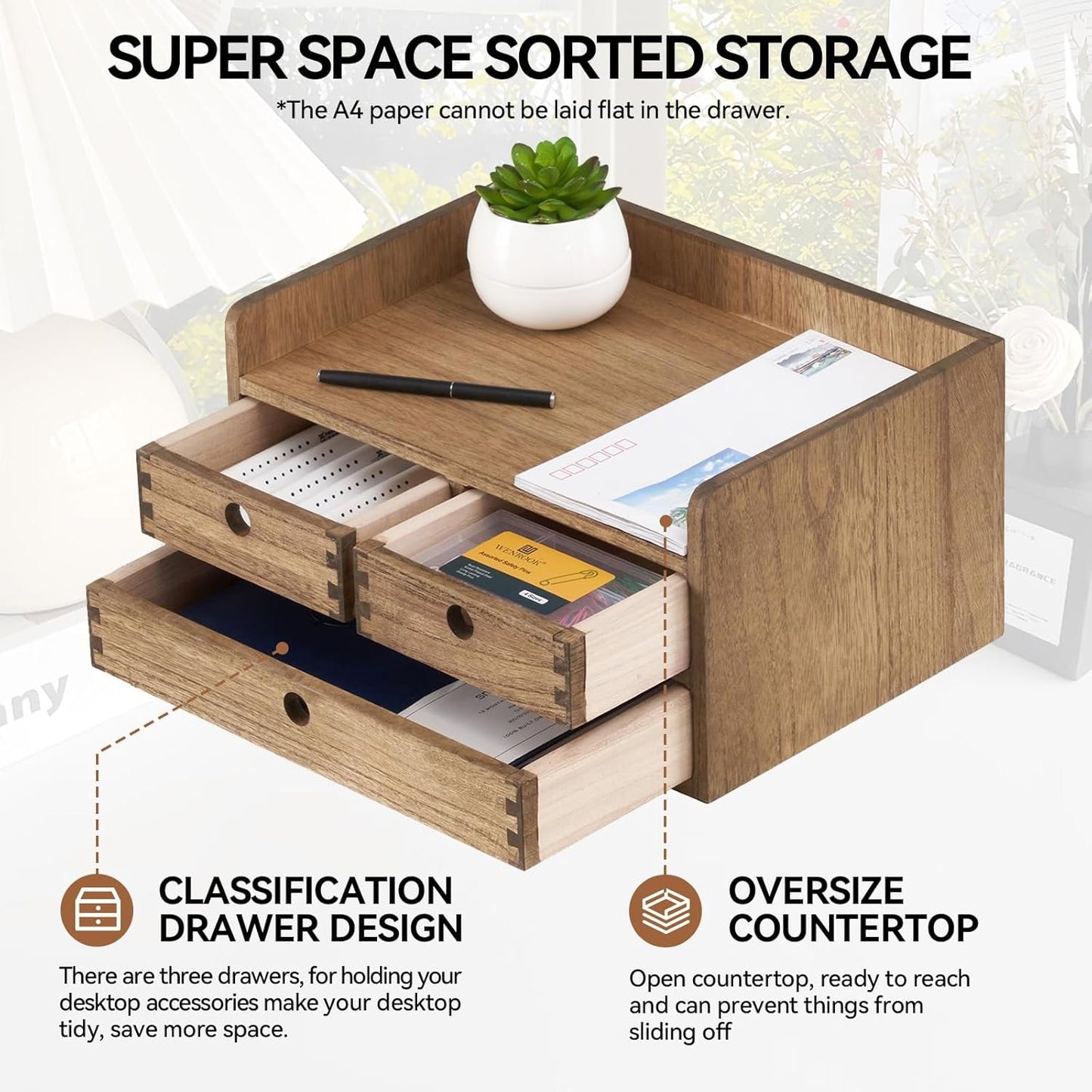 KIRIGEN Desk Organizer with Drawers - Wood Drawer Storage Box with Trays for Tabletop - Workspace Office Toiletries Supplies Tool Caddy - Wooden Storage Cabinet Dark Brownï¼ˆDT2D3C-DBRï¼‰