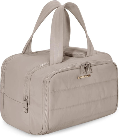 TBAGSMART Travel Toiletry Bag, Lightweight Large Wide-open Toiletry Bag for Women, Puffy Cosmetic Makeup Bag Organizer with Handle for Accessories,Essentials, Toiletrie, Grayish Brown, Large, Puffy