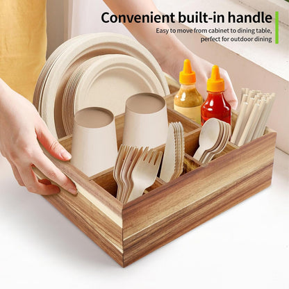 Acacia Wood Utensil Holder with 6 Compartments Wooden Utensil Organizer for Counter, Spoon Plate Cup Holder for Kitchen, Party, Camping