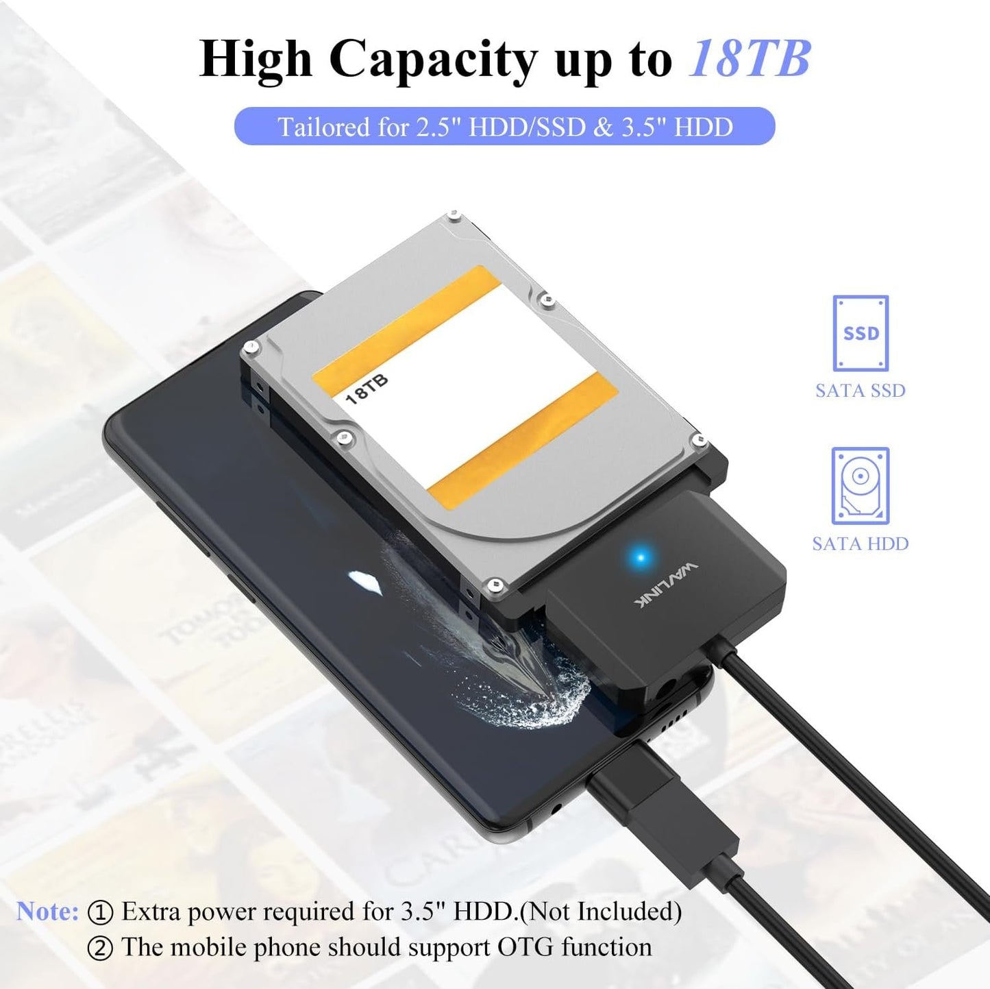 WAVLINK USB3.0 to SATA III Hard Drive Adapter Cable, SATA to USB A 5Gbps Converter, External Hard Drive Connector for 2.5"/3.5" HDD/SSD, Power Adapter Not Included (Updated Version)
