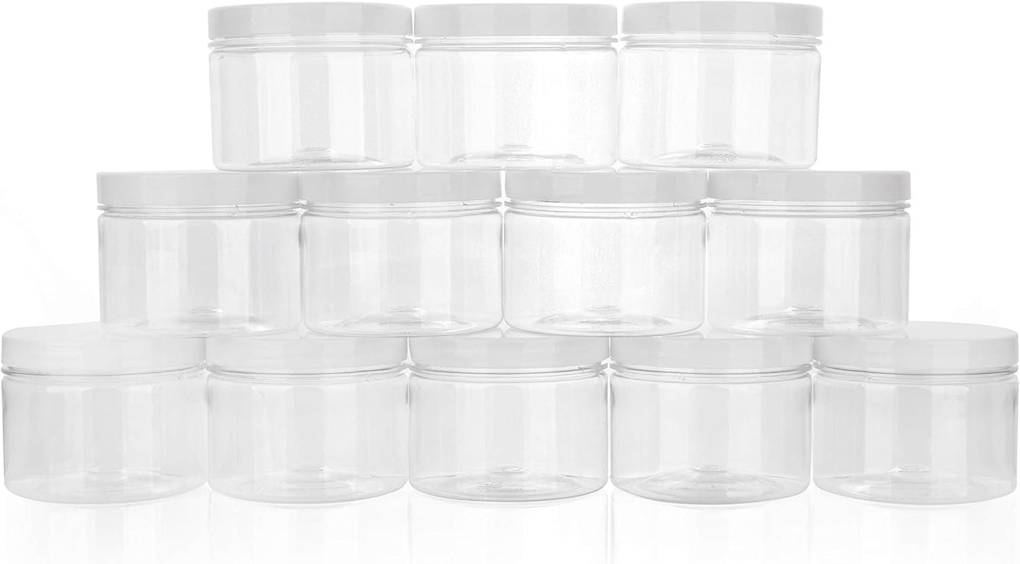 Healthy Packers Slime Containers with Water-tight Lids (8 oz, 12 Pack) - Clear Plastic Food Storage Jars with Individual Labels- Great for your slime kit - BPA Free