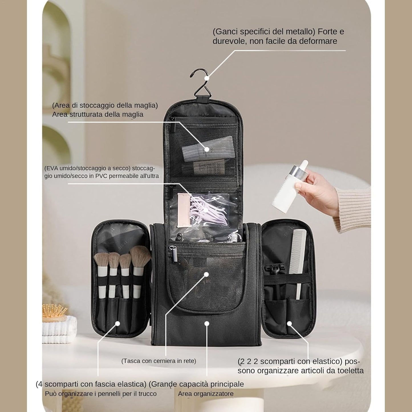 Toiletry Travel Bag, Waterproof Makeup Organizer, Spacious Cosmetic Case, Unisex Travel Pouch, Multi Compartment Storage, Portable Hygiene Kit, Sturdy Polyester Design, 9.45 Inches