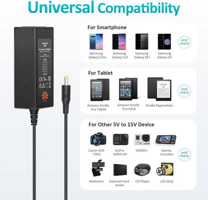 Basicvolt 45W Universal AC/DC Adapter 5V 6V 7.5V 9V 12V 13.5V 15V 1A 2A 3A Power Supply, Multi-Voltage Power Adapter for Household Electronics Webcam TV Box LED Strip Light Speaker and More