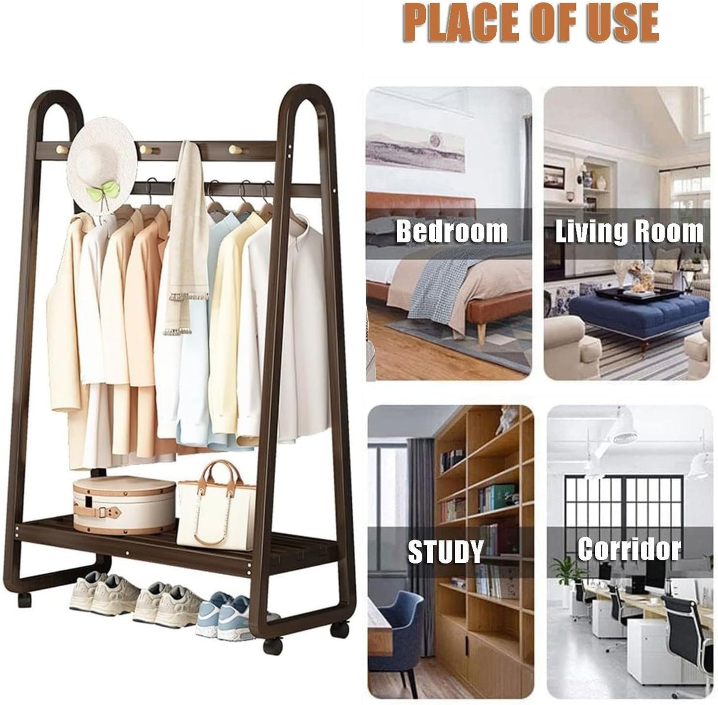 Generico Appendiabiti Multifunzionale in bambù con Ruote, 3-5 Ganci e ripiano portascarpe Mobile – Elegante Porta Abiti per Camera da Letto e Soggiorno, Design Color Legno da 80 cm